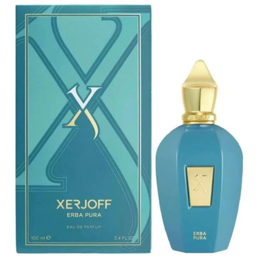 Xerjoff Erba Pura eau de parfum gift set: blue bottle with gold cap, in blue box.